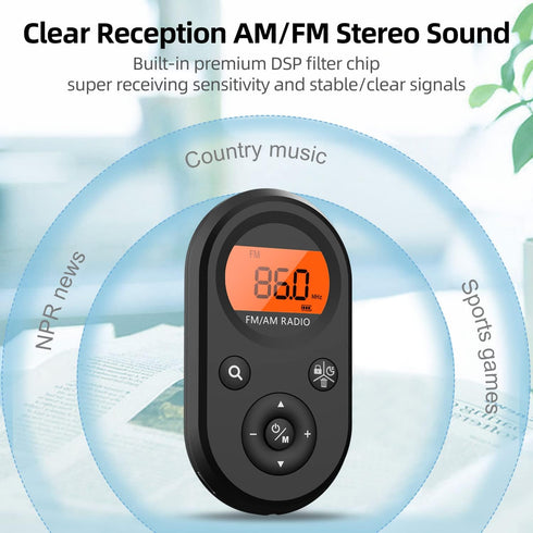 Personal Pocket Radio AM/FM Portable, Rechargeable Transistor Radio with Best Reception, Long Battery Life, Stereo Headphones, Sleep Timer, Backli...