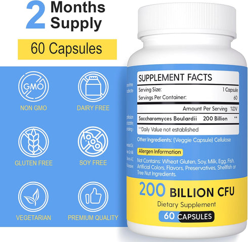 Saccharomyces Boulardii Probiotics 200 Billion CFUs, Clinically-Studied Probiotic for Women & Men Yeast for Intestinal, Gut, Immune & Digestive He...