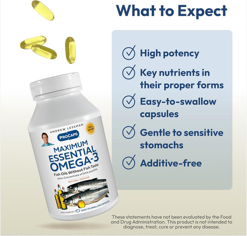 ANDREW LESSMAN Maximum Essential Omega-3 Orange - 60 Softgels - Ultra-Pure, High Potency Omega-3 Oils. High DHA, No Stomach Upset, No Contaminants...
