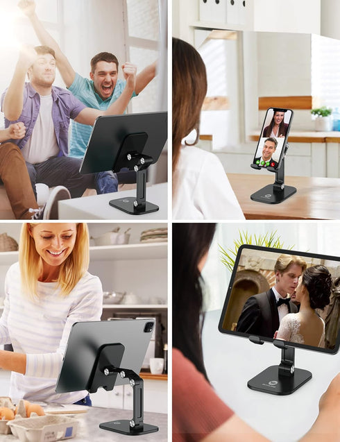 OCYCLONE Cell Phone Stand + 2 PCS Cable Organizer, Angle Height Adjustable iPhone Stand for Desk, Foldable Cell Phone Holder Tablet Stand Compatib...