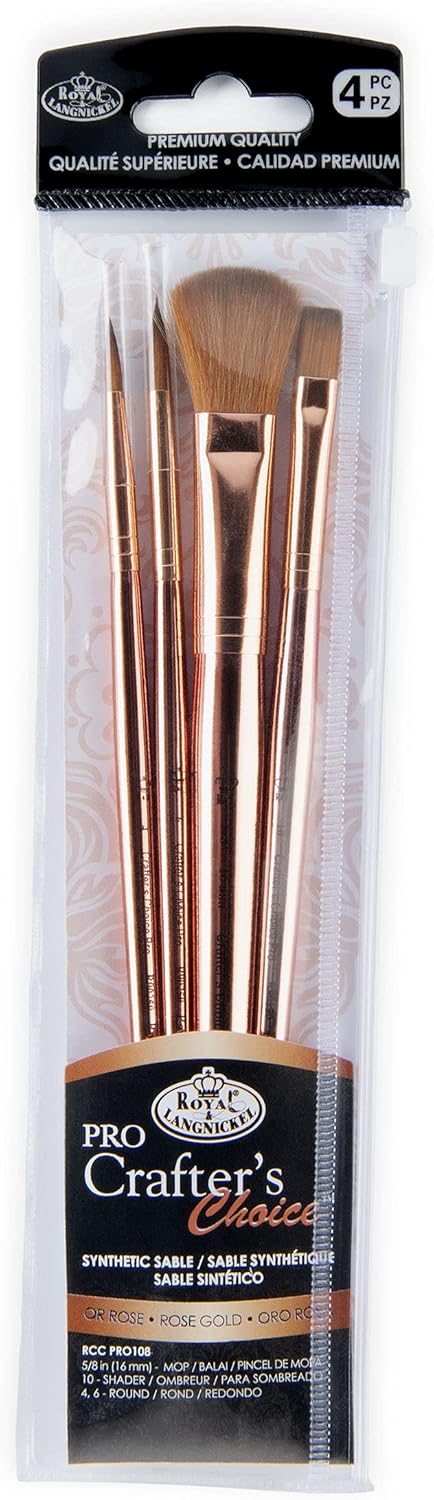 Royal & Langnickel Crafter's Choice Pro 4pc Synthetic Sable Mop Variety Craft Brush Set, Includes - Mop, Shader & Round Brushes Rose Gold...
