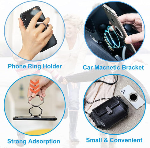 Cellphone Ring Holder Finger Kickstand, Foldable 360° Rotation Cell Phone Stand for Desk, Magnetic Car Mount, Metal Multi-Angle for Phone Back Gri...