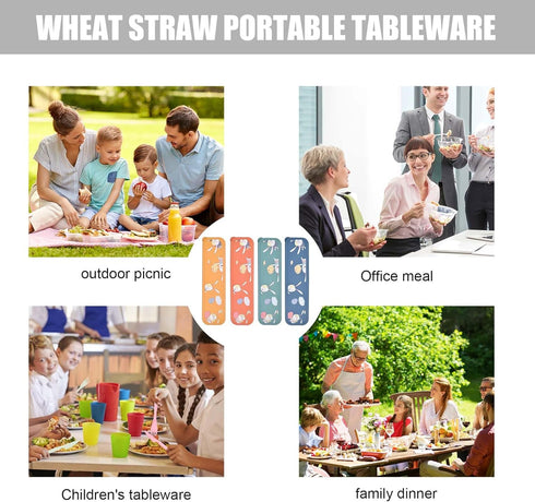 4 Sets Travel Utensils with Case - Cute Rabbit Pattern, Wheat Straw Reusable Utensils Set with Case Portable Utensils Set with Case for Travel Pic...