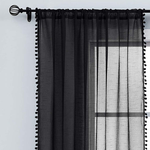 Treatmentex Black Pom Pom Sheer Curtains for Bedroom 63" Linen Texture Decorative Voile Draperies Chic Solid Sheer Curtain Panels for Living Room ...