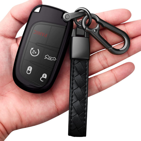 Compatible with Jeep Key Fob Cover with Leather Keychain Soft TPU Protection Key Case for Grand Cherokee Renegade Chrysler 200 300 Dodge RAM Duran...