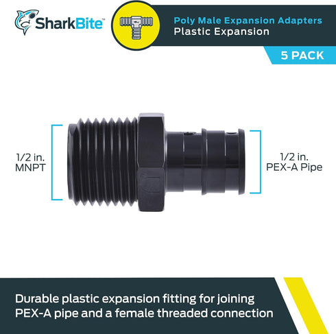 SharkBite 1/2 x 1/2 Inch Poly MNPT Expansion Adapter for PEX-A Pipe, Pack of 5, Plastic Plumbing Fittings, Male Adapter for PEX-A Tubing, UA120A5...