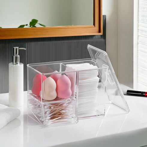 Qtip Holder, Cotton Pads Dispenser with Lid 3 in 1 Cotton Balls Swab Container Clear Acrylic Cosmetic Storage for Bathroom Countertop...