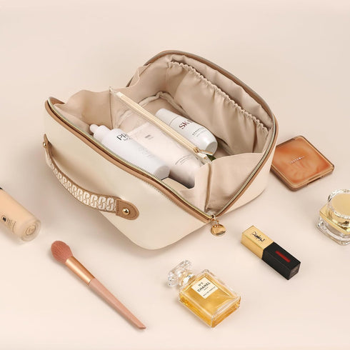 Large Capacity Cosmetic Bag for Women Portable Waterproof PU Leather Makeup Bag Open Flat Makeup Organizer With Clear Divider and Handle(Beige)...