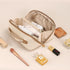 Large Capacity Cosmetic Bag for Women Portable Waterproof PU Leather Makeup Bag Open Flat Makeup Organizer With Clear Divider and Handle(Beige)...