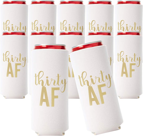 Thirty AF Can Coolers, 30th Birthday Party Coolies, Set of 12, White and Gold Dirty 30 Birthday Decoration for Her, Perfect Dirty Thirty Decoratio...
