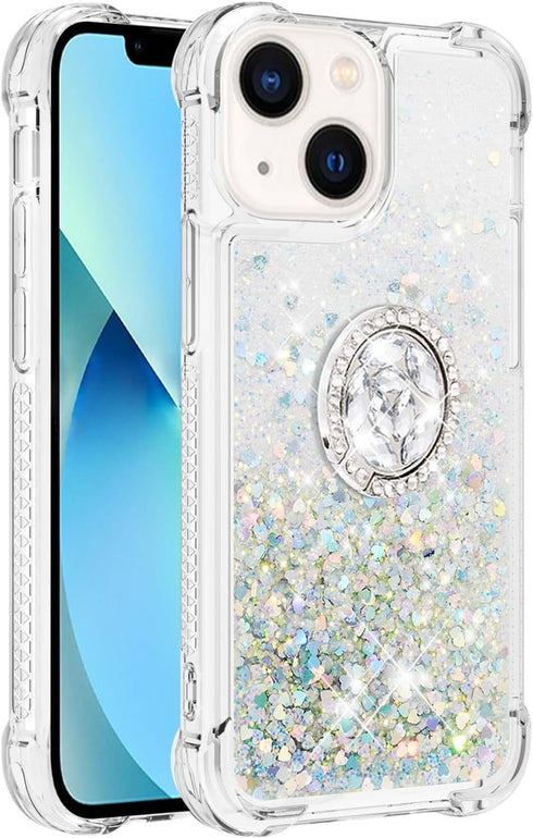 CCSmall Glitter Clear Sparkly Bling Case for Apple iPhone 15, Flowing Liquid Quicksand Cover with Diamond Ring Holder Case for iPhone 15 LSZ Silve...