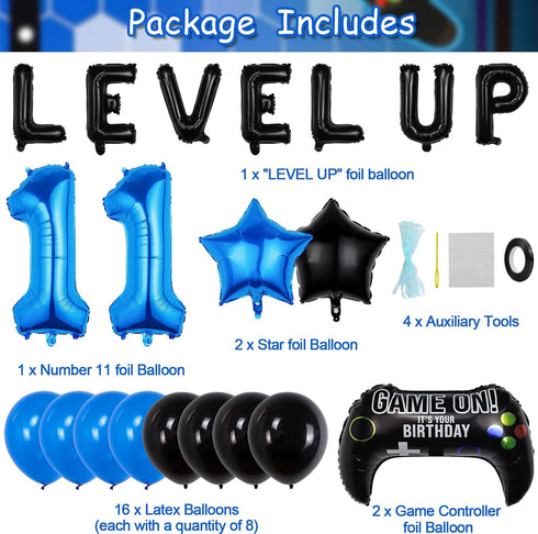 Video Game Birthday Party Set, Level Up 11 Video Game Balloons Controller Balloons Blue Black Stars Aluminum Foil Balloons Kit Decorations (11TH)...