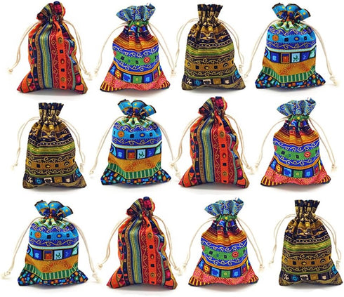 12pc Egyptian Style Jewelry Coin Pouches Aztec Print Drawstring Gift Bag Party Accessories Brocade Cotton Sachet Candy Present Pouch Travel Purse ...