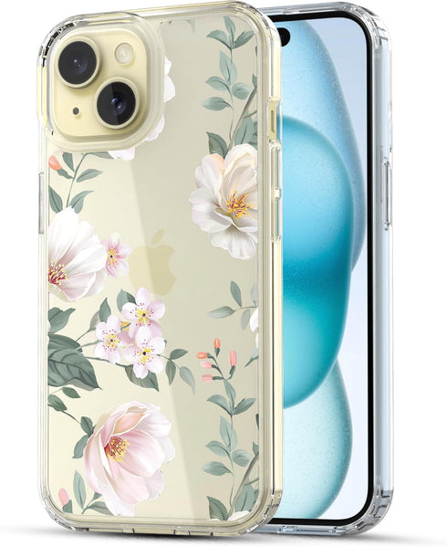 RANZ Case for iPhone 15, Anti-Scratch Shockproof Series Clear Hard PC + TPU Bumper Protective Cover Case for iPhone 15 (6.1") - White Magnolia Flo...