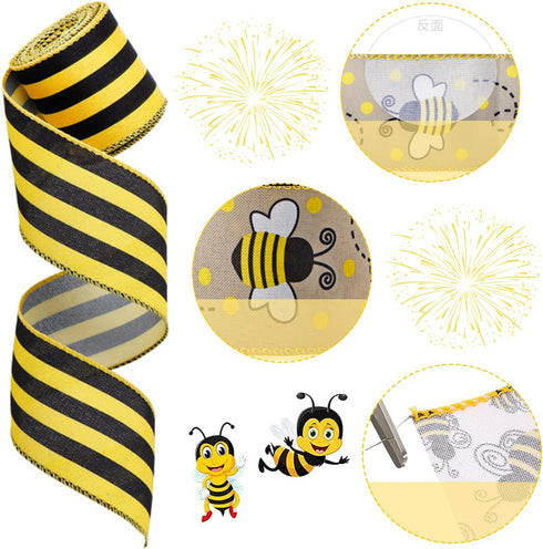Bee Ribbon Wired Edge Ribbon Bumble Bee Polka Dot Yellow Wreath Ribbon 4 Rolls 26 Yards Honey Bee Ribbon for Bow Wrapping Making Crafts Easter Dec...