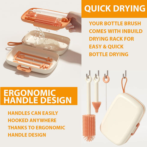 Travel Bottle Cleaner kit, 7in1 Baby Travel Essential Silicone Travel Bottle Brush Set, Nipple, Drying Rack, Straw, & Breast Pump Cleaning, Soap D...