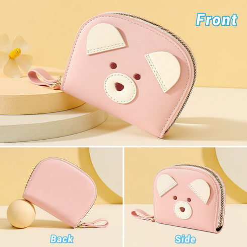 YINHEXI Cute Card Holder Wallet for Women, Bear RIFD Small Leather Zipper Credit Card Holder Wallet for Women with Keychain Wristlet, Business Car...