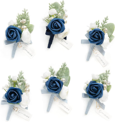 Ling's Moment Boutonniere for Men, 6pcs Groom Groomsmen Boutonniere, Artificial Flowers for Wedding Decor/Prom/Homecoming, etc.Navy Blue Dark Blue...