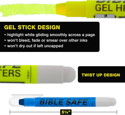 U.S. Office Supply Bible Safe Gel Highlighters, Pack of 12 - Set with 6 Bright Neon Yellow Highlight Colors Plus 6 Colors, Orange, Pink, Purple, G...