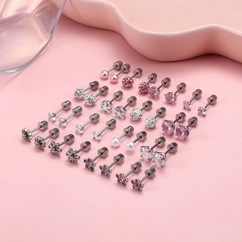 THUNARAZ 16 Pairs Hypoallergenic Screw Back Earrings for Women Girls Surgical Steel Tiny CZ Pearl Ball Heart Flower Screwback Flat Back Stud Earri...