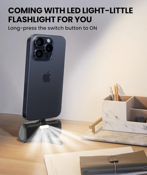 Small Portable Battery Charger for iPhone, Little Battery Pack with Metal Stand/100%-0% LCD Display/Back LED Flashlight Mini Power Bank Charger fo...