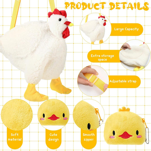 3 Pcs Cartoon Fluffy Chicken Bag Include 2 Pcs Cute Chicken Wallet Zipper Chicken Purse 1 Pcs Crossbody Chicken Plush Shoulder Bag Rooster Bag wit...