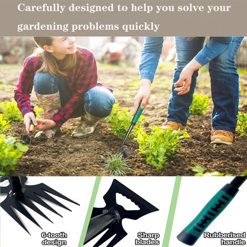 Weed Puller Tools Sharp Weeding Tool High Manganese Steel Weed Remover Tool, Grass Root Removal Tool with Handle 6 Teethes Dual Purpose Hand Weede...
