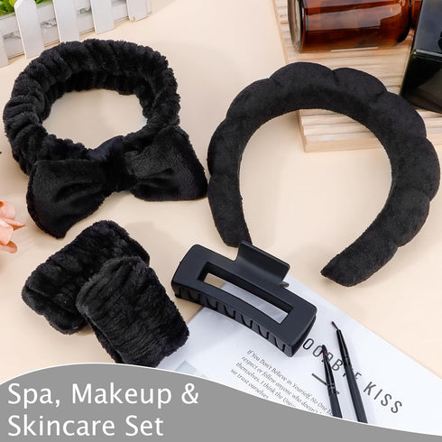 TOBATOBA Skincare Headband, Spa Headband and Wristband Set, Makeup Headband Face Wash Headband, Black Puffy Skin Care Headband Set with Hair Clip,...