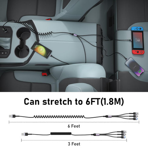 Multi Charging Cable, 3IN1 USB A to Lightning/USB C/Micro USB Coiled Stretch Charging Cords 5FT-6.6FT with Carplay, for iPhone 15/14/13/12/11 Pro ...
