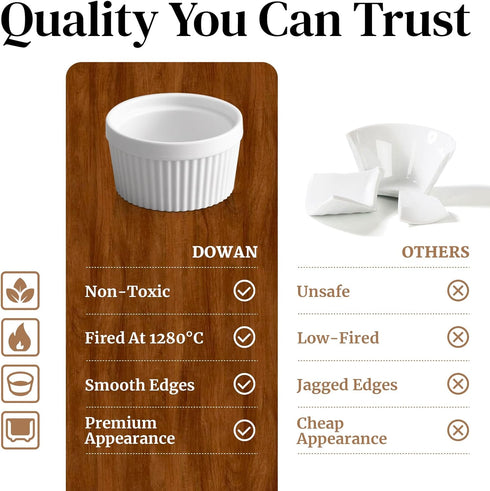 DOWAN Ramekins 4 oz Oven Safe for Creme Brulee Souffle, Porcelain Custard Cups Ramiken for Baking, Classic Style Ramekins Bowls, Set of 6, White...