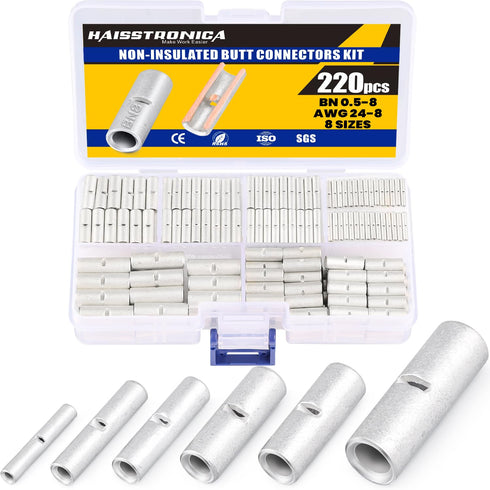Haisstronica Non Insulated Butt Connectors Kit 220pcs Butt Connectors for Wiring Pure Copper AWG24-8 Wire Crimp Connector...