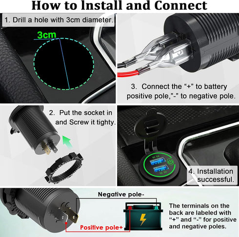 Car USB Outlet 12V Charger Socket, Qidoe Waterproof 36W Dual QC3.0 USB Power Socket with Touch Switch DIY Car USB Port for Car Boat Marine RV Moto...