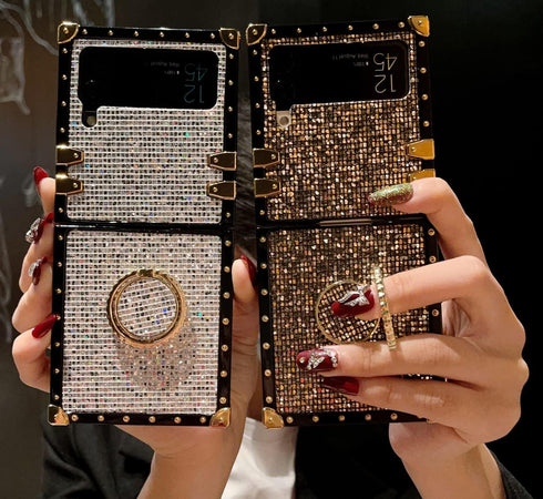 for Samsung Galaxy Z Flip 4 Bling Case,Luxury Bling Glitter Sparkle Cute Gold Square Corner Soft Trunk Cover with Finger Ring Grip Kickstand Phone...