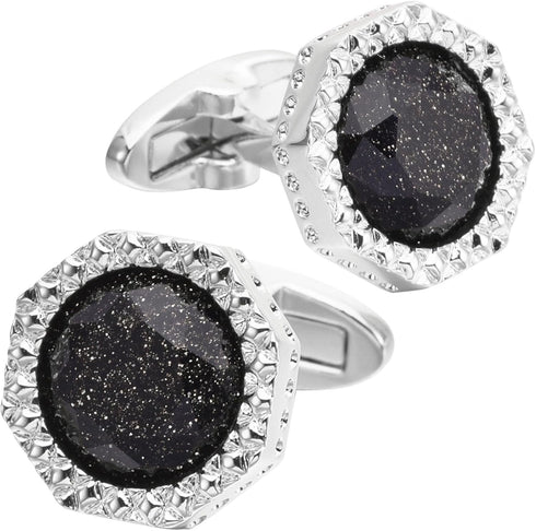 Octagon Black Obsidian Gemstone Men's Cufflinks In Gift Case Silver / 14K Gold Plated Cufflinks for Men Jewelry for Wedding Party Business Birthda...