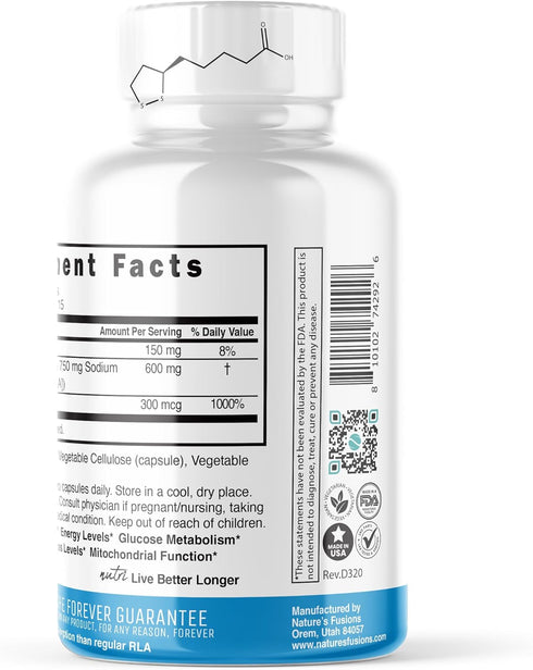 Nutri R Alpha Lipoic Acid 600mg Capsules - R Lipoic Acid Stabilized with Biotin - Active Form R-ALA - Clinical Dosage - Powerful Antioxidant and C...