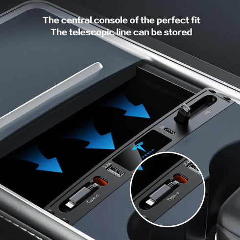Car USB Charger Multi Port for 2021 2022 2023 Tesla Model 3/Y,Multifunctional Tesla Accessories with Logo and Retractable Cable,Tesla USB hub 100%...