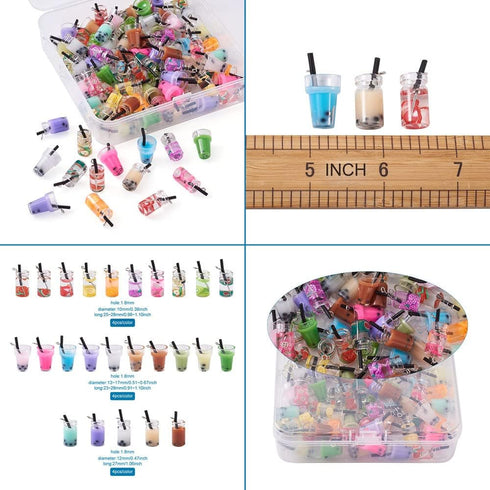 Cheriswelry 100pcs Glass Bottle Pendants Resin Fruit Juice Charms Colourful Drink Cup Milk Tea Dangle Pendants with Loop Hang Ornament Decoration ...