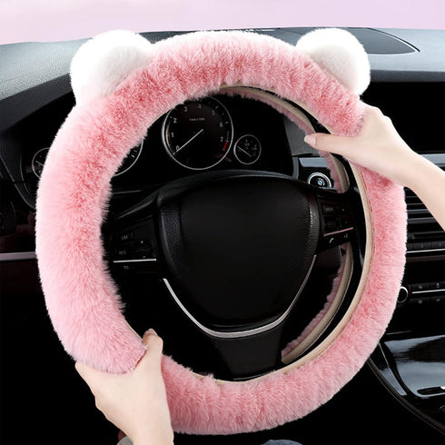 1 Sets 6 Pieces Fluffy Steering Wheel Cover for Women Girls, Includes Soft Fur Steering Wheel Cover Car Coaster Plush Keychain Rhinestone Ring Sti...