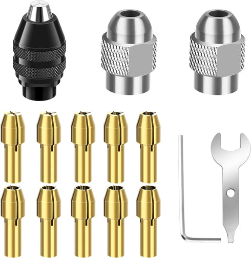 SUNJOYCO Drill Chuck Collet Set, 15 Pcs 1/32 "to 1/8" Replacement Brass Collet with Keyless Drill Chuck Rotary Drill Nut Tool Set...