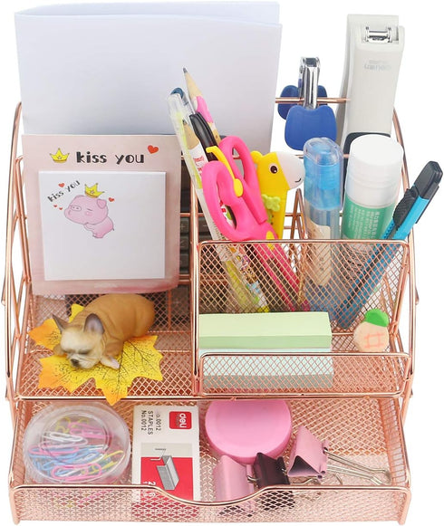 Ogrmar Rose Gold Desk Supplies Organizer, Multi-functional Mesh Desk Organizer with 6 Compartments & Desk Drawer Organizer for Office Supplies and...