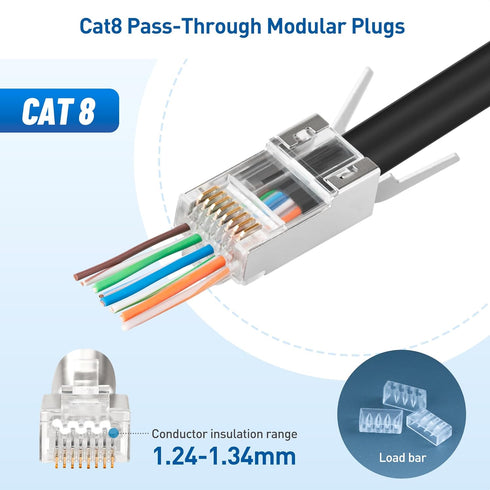 Cable Matters 20-Pack 23-24AWG Shielded Cat8 RJ45 Pass Through Connector with Load Bar & Strain Relief Boots, NOT Compatible with 22AWG Cable (Cat...