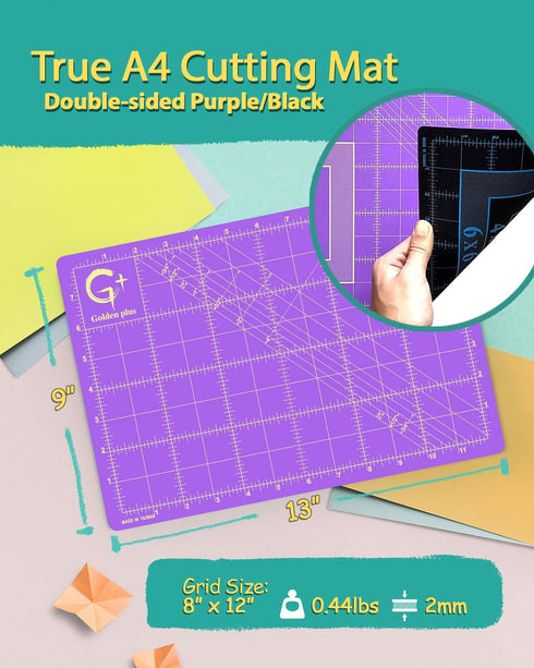 G+ Self-Healing Cutting Mat - True A4 9 x 12" (9 x 13" Full) Inches Purple/Black ; Self-Healing Double-Sided Durable Non-Slip Cutting Board for Cr...