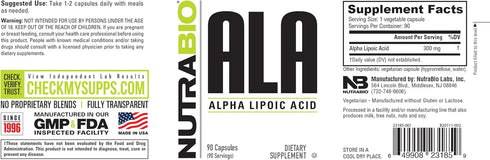 NutraBio Alpha Lipoic Acid (ALA) Supplement, 300mg – Supports Antioxidant Health, May Boost Energy Production and Wellness, 90 Vegetable Capsules...
