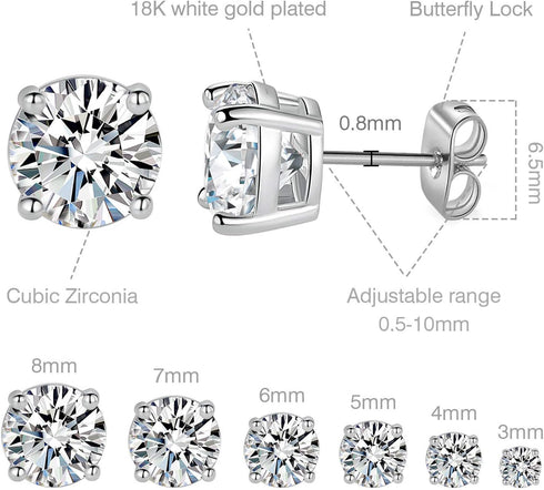 18K White Gold Plated 4 Pong Round Clear Cubic Zirconia Stud Earring Pack of 6 Pairs (6 Pairs)...