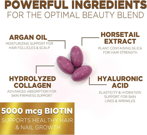 Hair Vitamins for Women, Ultra Strength 5000mcg Biotin Collagen & More - Premium Hair Growth, Skin, Nails & Keratin Support Supplement, Infused wi...