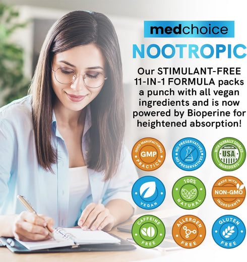 11-in-1 Nootropic Brain Supplements: Memory & Focus Supplement with Ginkgo Biloba, L Theanine, Bioperine, & Alpha GPC Choline - 1321mg, 60ct - Sti...