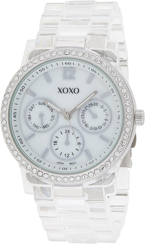XOXO Women's Fashion Watch with Crystal Bezel Accents and Clear Resin Bracelet, Faux Chronograph Design, Quartz Movement, 38mm Case, Fits Wrists 5...