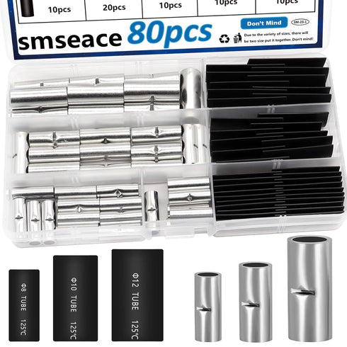 smseace 80pcs 4/6/8AWG Non Insulated Butt Connectors Kit with Heat shrinkable Tube for Wiring AWG4/6/8 Pure Copper Butt Splice Connectors for Auto...