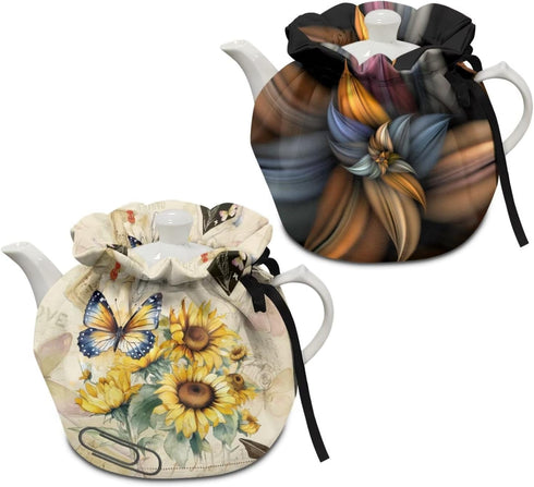 Brown Flower Tea Pot Cover for Keeping Warm Set of 2, Sunflower Butterfly Tea Cozy Rustic Kitchen Kettle Dust Cover Washable Portable Teapot Cosie...