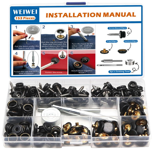 weiwei 153 PCS Canvas Snap Kit Stainless Steel 3/8" Socket Boat Snaps Marine Grade Metal Screws Fasteners with Setting Tool for Carpet Leather Fab...